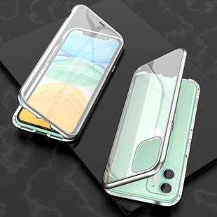 For iPhone 11 Ultra Slim Double Sides Magnetic Adsorption Angular Frame Tempered Glass Magnet Flip Case(Silver)