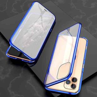 For iPhone 11 Pro Max Ultra Slim Double Sides Magnetic Adsorption Angular Frame Tempered Glass Magnet Flip Case(Blue)