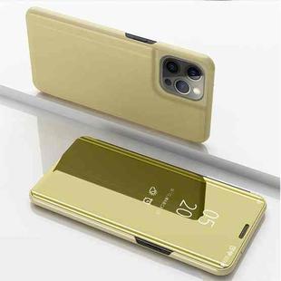 For iPhone 13 Pro Plated Mirror Horizontal Flip Leather Case with Holder (Gold)