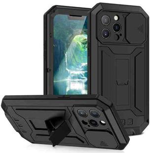 For iPhone 13 Pro Max R-JUST Sliding Camera Shockproof Life Waterproof Dust-proof Metal + Silicone Protective Case with Holder (Black)