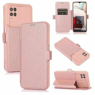 Push Window Double Buckle PU + Silicone Horizontal Flip Leather Case with Holder & Card Slot For Samsung Galaxy A12(Rose Gold)