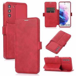 Push Window Double Buckle PU + Silicone Horizontal Flip Leather Case with Holder & Card Slot For Samsung Galaxy S21 5G(Red)