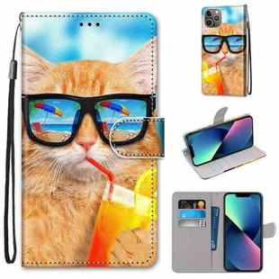 For iPhone 13 mini Coloured Drawing Cross Texture Horizontal Flip PU Leather Case with Holder & Card Slots & Wallet & Lanyard (Cat Drinking Soda)