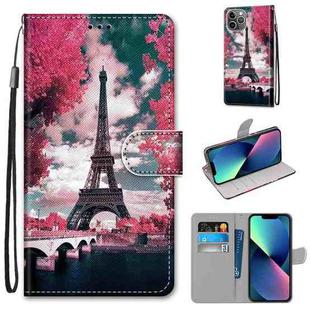 For iPhone 13 mini Coloured Drawing Cross Texture Horizontal Flip PU Leather Case with Holder & Card Slots & Wallet & Lanyard (Pink Flower Tower Bridge)