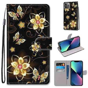For iPhone 13 mini Coloured Drawing Cross Texture Horizontal Flip PU Leather Case with Holder & Card Slots & Wallet & Lanyard (Gold Diamond Butterfly)