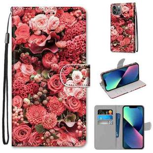 For iPhone 13 mini Coloured Drawing Cross Texture Horizontal Flip PU Leather Case with Holder & Card Slots & Wallet & Lanyard (Pink Rose Garden)