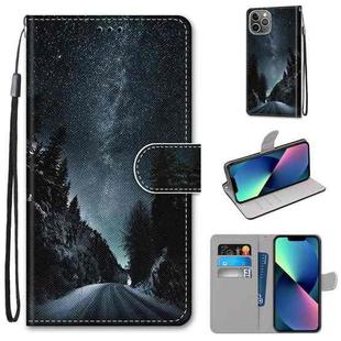 For iPhone 13 mini Coloured Drawing Cross Texture Horizontal Flip PU Leather Case with Holder & Card Slots & Wallet & Lanyard (Mountain Road Starry Sky)