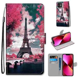 For iPhone 13 Coloured Drawing Cross Texture Horizontal Flip PU Leather Case with Holder & Card Slots & Wallet & Lanyard(Pink Flower Tower Bridge)
