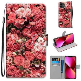 For iPhone 13 Coloured Drawing Cross Texture Horizontal Flip PU Leather Case with Holder & Card Slots & Wallet & Lanyard(Pink Rose Garden)