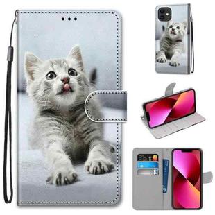 For iPhone 13 Coloured Drawing Cross Texture Horizontal Flip PU Leather Case with Holder & Card Slots & Wallet & Lanyard(Small Gray Cat)