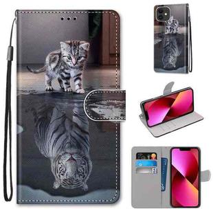 For iPhone 13 Coloured Drawing Cross Texture Horizontal Flip PU Leather Case with Holder & Card Slots & Wallet & Lanyard(Cat Becomes Tiger)
