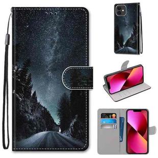 For iPhone 13 Coloured Drawing Cross Texture Horizontal Flip PU Leather Case with Holder & Card Slots & Wallet & Lanyard(Mountain Road Starry Sky)