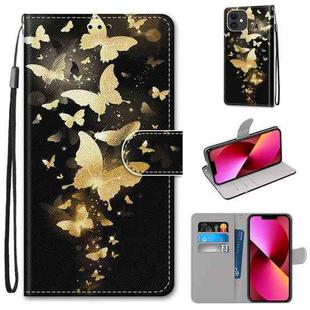 For iPhone 13 Coloured Drawing Cross Texture Horizontal Flip PU Leather Case with Holder & Card Slots & Wallet & Lanyard(Golden Butterfly Group)