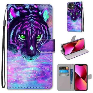 For iPhone 13 Coloured Drawing Cross Texture Horizontal Flip PU Leather Case with Holder & Card Slots & Wallet & Lanyard(Tiger Drinking Water)