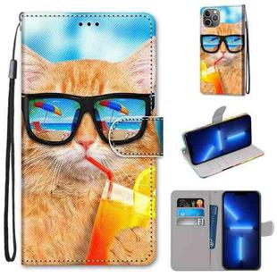 For iPhone 13 Pro Coloured Drawing Cross Texture Horizontal Flip PU Leather Case with Holder & Card Slots & Wallet & Lanyard (Cat Drinking Soda)