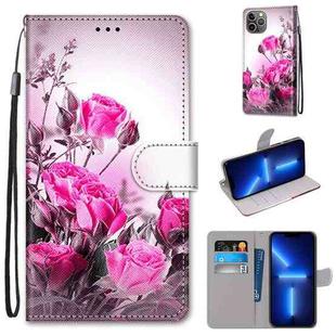 For iPhone 13 Pro Coloured Drawing Cross Texture Horizontal Flip PU Leather Case with Holder & Card Slots & Wallet & Lanyard (Wild Rose)