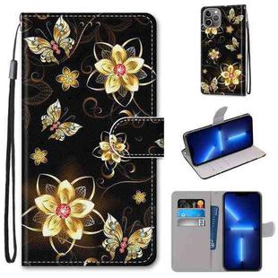For iPhone 13 Pro Coloured Drawing Cross Texture Horizontal Flip PU Leather Case with Holder & Card Slots & Wallet & Lanyard (Gold Diamond Butterfly)
