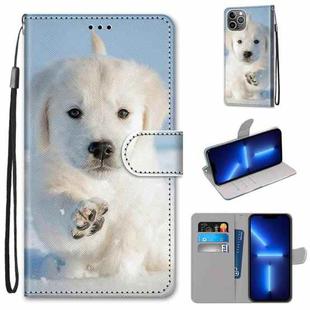 For iPhone 13 Pro Coloured Drawing Cross Texture Horizontal Flip PU Leather Case with Holder & Card Slots & Wallet & Lanyard (Snow Puppy)