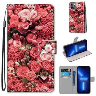 For iPhone 13 Pro Coloured Drawing Cross Texture Horizontal Flip PU Leather Case with Holder & Card Slots & Wallet & Lanyard (Pink Rose Garden)