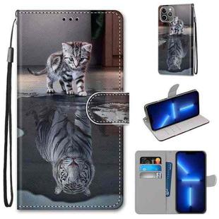 For iPhone 13 Pro Coloured Drawing Cross Texture Horizontal Flip PU Leather Case with Holder & Card Slots & Wallet & Lanyard (Cat Becomes Tiger)