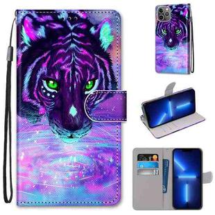 For iPhone 13 Pro Coloured Drawing Cross Texture Horizontal Flip PU Leather Case with Holder & Card Slots & Wallet & Lanyard (Tiger Drinking Water)