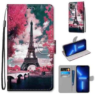 For iPhone 13 Pro Max Coloured Drawing Cross Texture Horizontal Flip PU Leather Case with Holder & Card Slots & Wallet & Lanyard (Pink Flower Tower Bridge)