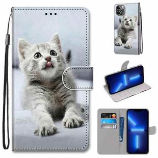 For iPhone 13 Pro Max Coloured Drawing Cross Texture Horizontal Flip PU Leather Case with Holder & Card Slots & Wallet & Lanyard (Small Gray Cat)