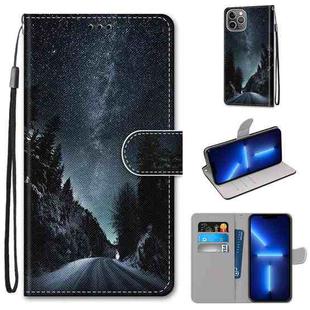 For iPhone 13 Pro Max Coloured Drawing Cross Texture Horizontal Flip PU Leather Case with Holder & Card Slots & Wallet & Lanyard (Mountain Road Starry Sky)