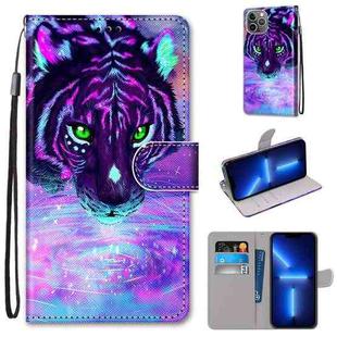 For iPhone 13 Pro Max Coloured Drawing Cross Texture Horizontal Flip PU Leather Case with Holder & Card Slots & Wallet & Lanyard (Tiger Drinking Water)