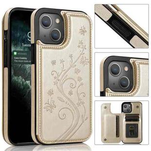 For iPhone 13 Butterflies Flowers Double Buckle PU + TPU Protective Case with Holder & Card Slots & Photo Frame(Gold)
