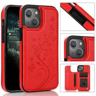 For iPhone 13 Butterflies Flowers Double Buckle PU + TPU Protective Case with Holder & Card Slots & Photo Frame(Red)