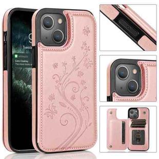 For iPhone 13 Butterflies Flowers Double Buckle PU + TPU Protective Case with Holder & Card Slots & Photo Frame(Rose Gold)
