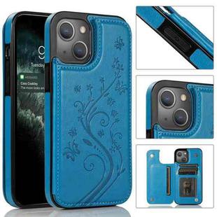 For iPhone 13 Pro Butterflies Flowers Double Buckle PU + TPU Protective Case with Holder & Card Slots & Photo Frame (Blue)