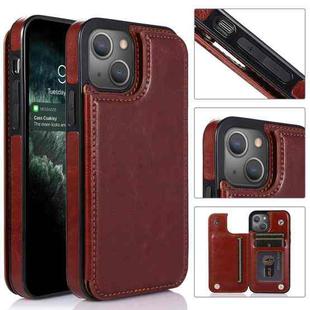 For iPhone 13 Double Buckle Shockproof PU Protective Case with Card Slots & Holder(Brown)