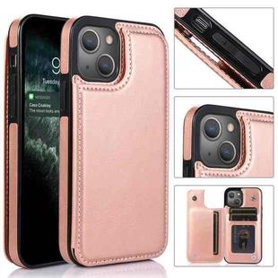 For iPhone 13 Double Buckle Shockproof PU Protective Case with Card Slots & Holder(Rose Gold)