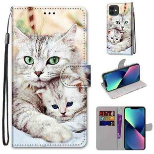 For iPhone 13 mini Coloured Drawing Cross Texture Horizontal Flip PU Leather Case with Holder & Card Slots & Wallet & Lanyard (Big Cat Holding Kitten)