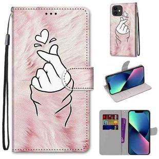 For iPhone 13 mini Coloured Drawing Cross Texture Horizontal Flip PU Leather Case with Holder & Card Slots & Wallet & Lanyard (Pink Hands Heart)