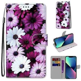 For iPhone 13 mini Coloured Drawing Cross Texture Horizontal Flip PU Leather Case with Holder & Card Slots & Wallet & Lanyard (Chrysanthemum Pink White Purple)