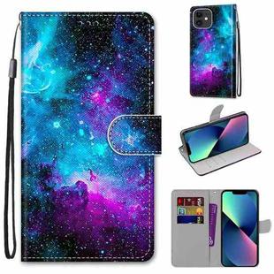 For iPhone 13 mini Coloured Drawing Cross Texture Horizontal Flip PU Leather Case with Holder & Card Slots & Wallet & Lanyard (Purple Green Starry Sky)