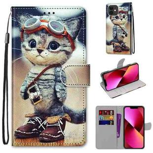 For iPhone 13 Coloured Drawing Cross Texture Horizontal Flip PU Leather Case with Holder & Card Slots & Wallet & Lanyard(Leather Shoes Cat)
