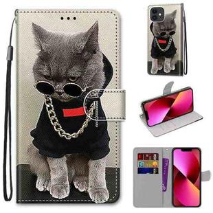 For iPhone 13 Coloured Drawing Cross Texture Horizontal Flip PU Leather Case with Holder & Card Slots & Wallet & Lanyard(B09 Golden Chain Grey Cat)