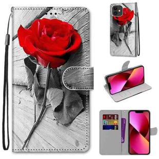 For iPhone 13 Coloured Drawing Cross Texture Horizontal Flip PU Leather Case with Holder & Card Slots & Wallet & Lanyard(B10 Wood Red Rose)