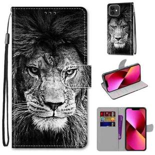 For iPhone 13 Coloured Drawing Cross Texture Horizontal Flip PU Leather Case with Holder & Card Slots & Wallet & Lanyard(B11 Black White Lion Head)