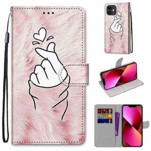 For iPhone 13 Coloured Drawing Cross Texture Horizontal Flip PU Leather Case with Holder & Card Slots & Wallet & Lanyard(Pink Hands Heart)