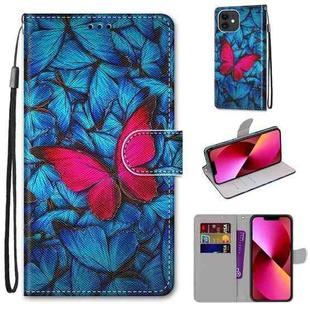 For iPhone 13 Coloured Drawing Cross Texture Horizontal Flip PU Leather Case with Holder & Card Slots & Wallet & Lanyard(Blue Red Butterfly)