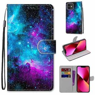 For iPhone 13 Coloured Drawing Cross Texture Horizontal Flip PU Leather Case with Holder & Card Slots & Wallet & Lanyard(Purple Green Starry Sky)