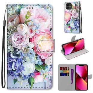 For iPhone 13 Coloured Drawing Cross Texture Horizontal Flip PU Leather Case with Holder & Card Slots & Wallet & Lanyard(Light Pink Bouquet)