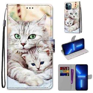 For iPhone 13 Pro Coloured Drawing Cross Texture Horizontal Flip PU Leather Case with Holder & Card Slots & Wallet & Lanyard (Big Cat Holding Kitten)