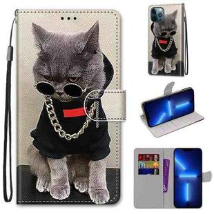 For iPhone 13 Pro Coloured Drawing Cross Texture Horizontal Flip PU Leather Case with Holder & Card Slots & Wallet & Lanyard (B09 Golden Chain Grey Cat)