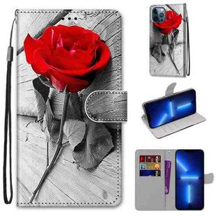 For iPhone 13 Pro Coloured Drawing Cross Texture Horizontal Flip PU Leather Case with Holder & Card Slots & Wallet & Lanyard (B10 Wood Red Rose)